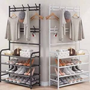 1Piece 2 In 1 Standing Shoe And Clothes Rack-Black, White(60cmx26cm153cm)