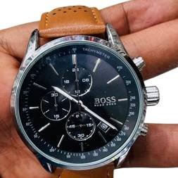 Black-dial chronograph watch with leather strap