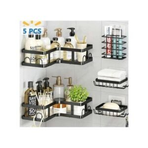 Multipurpose 5pcs Set Rectangular & Corner Shower Caddy Shelf/5in1 Bathroom Shelfs Wall Organizer