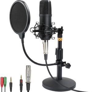 Professional Studio Condenser Microphone, Computer PC Microphone Kit with 3.5mm XLR/Pop Filter/Shock Mount