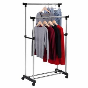 Double Pole Telescopic Clothes Rack with Wheel