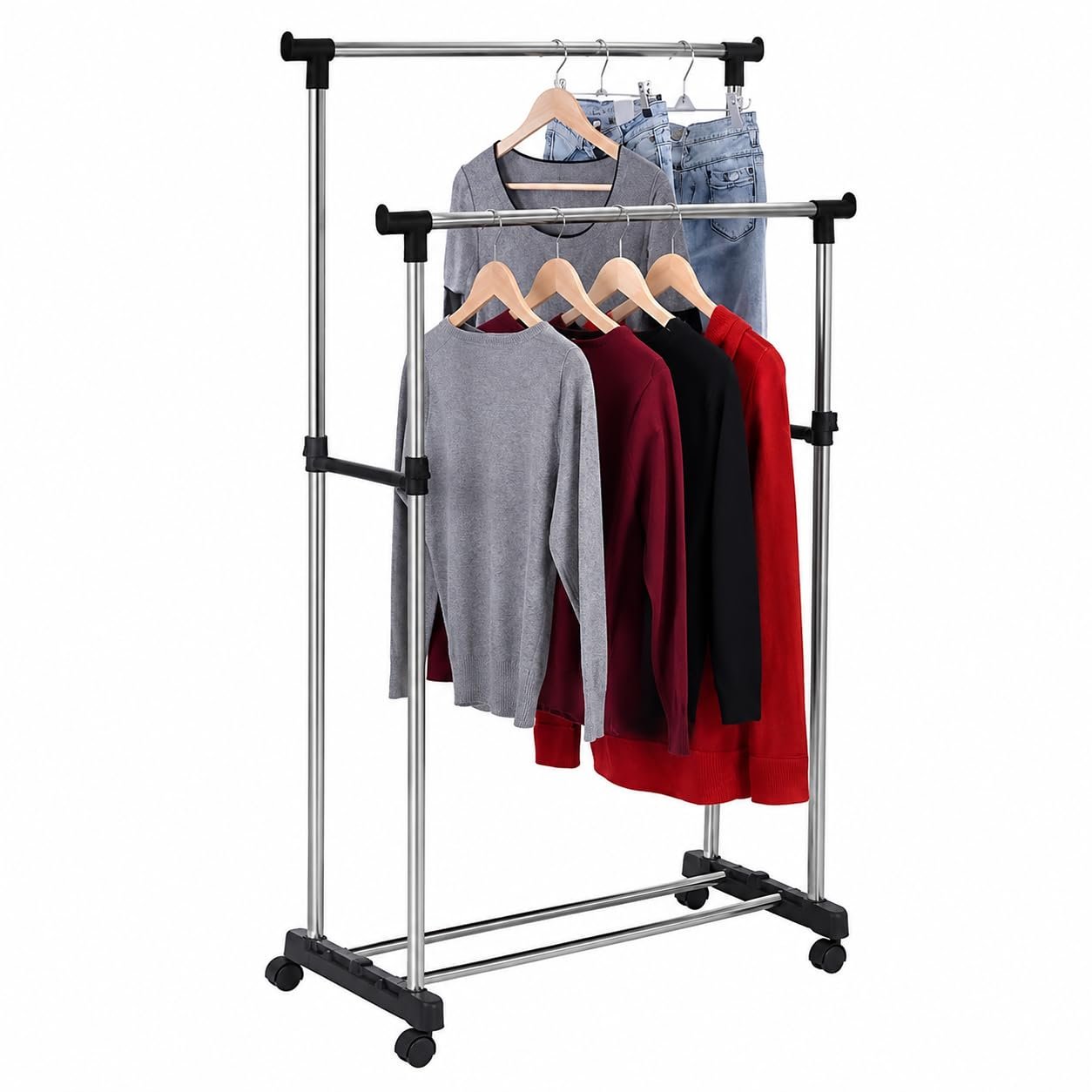 Double Pole Telescopic Clothes Rack with Wheel